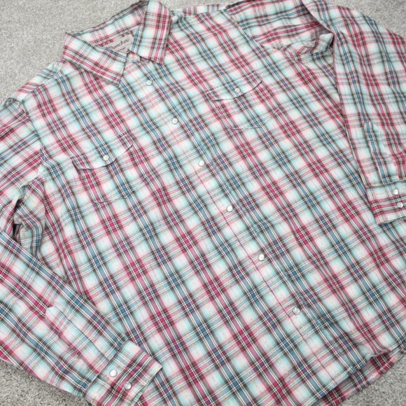 Wrancher Wrangler Pearl Snap Shirt Mens 2XL XXL  Pink/Blue w/Gold Metallic Strip - Picture 5 of 11